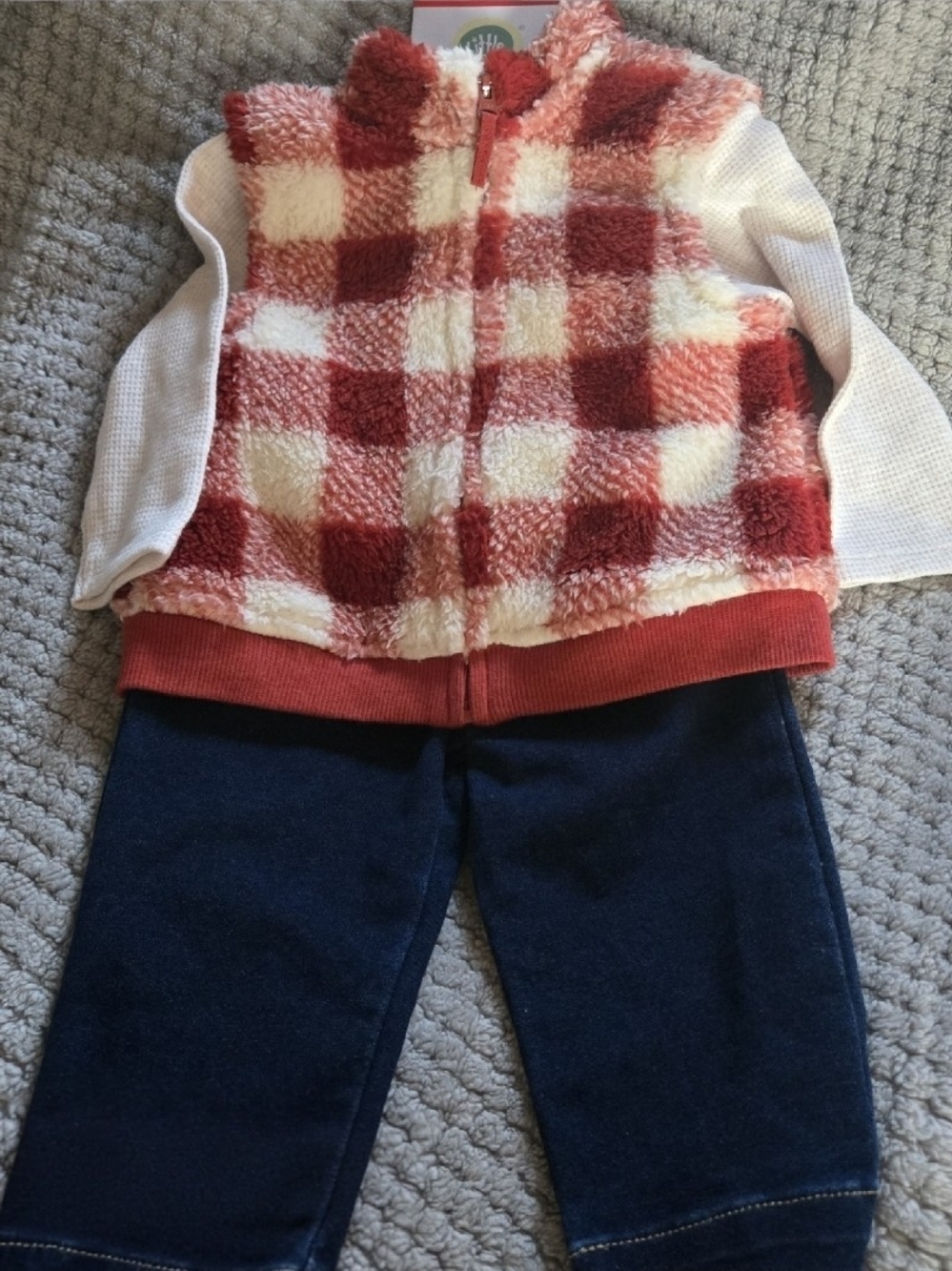 Little Me Baby Plaid Sherpa Vest Bodysuit Denim Pants 3pc Set 9M NWT
